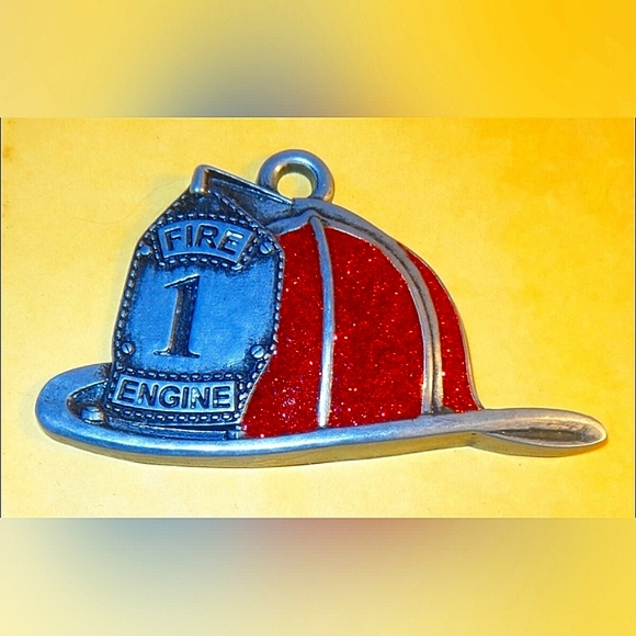 Christmas Tree Ornament Red Glitter/Pewter Trim Firefighter's Helmet Made In USA - Picture 6 of 9